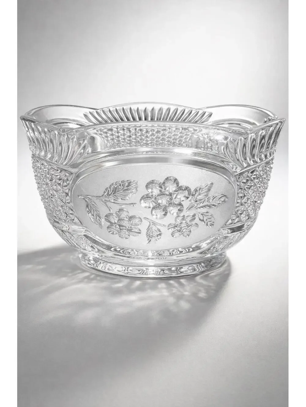 Vintage Clear Cut Glass Decorative Bowl with Floral Motif